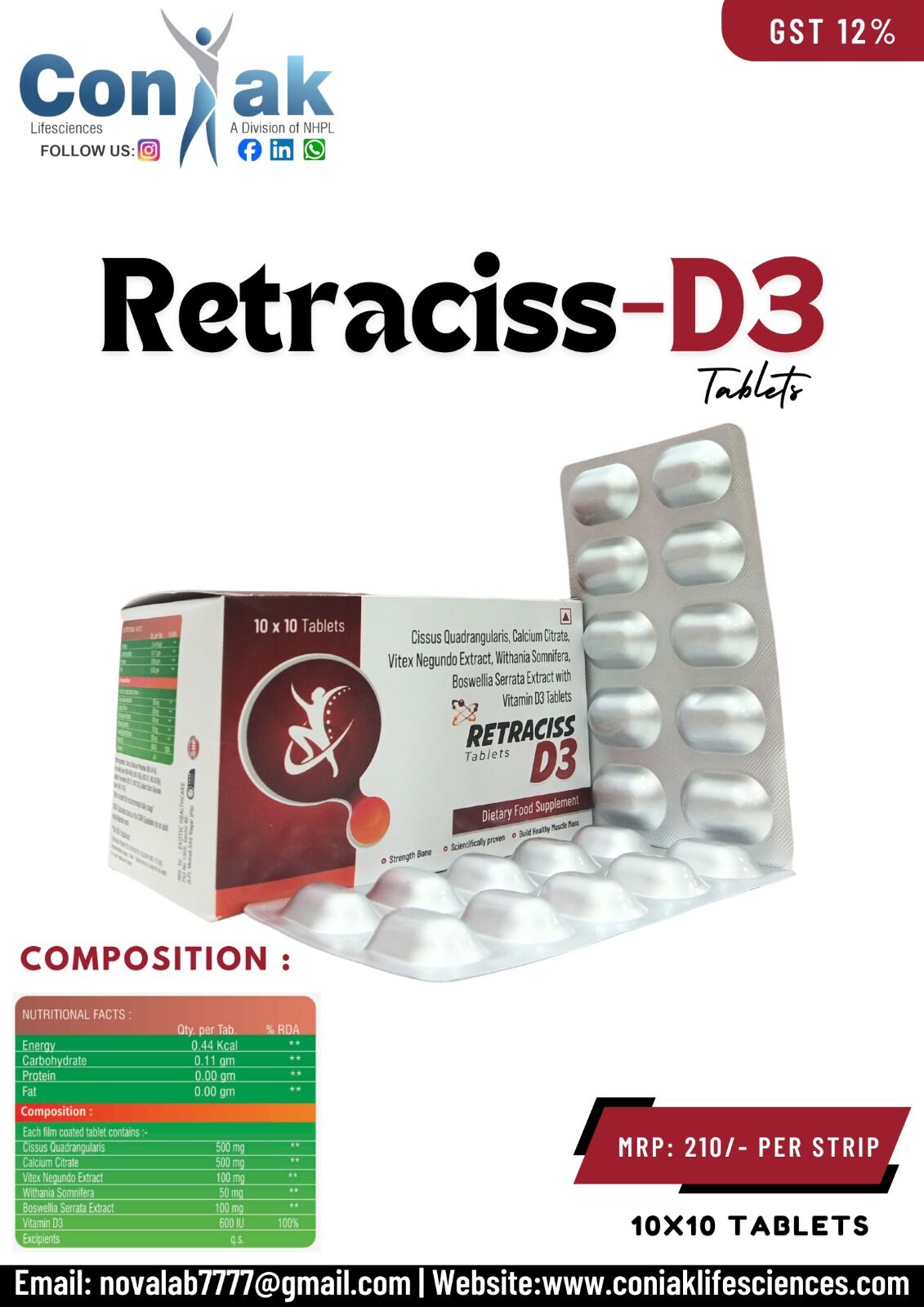 Cissus Quadrangularis, Calcium Citrate Malate, Vitex Negundo, Boswellia Serrata, Withania Somnifera and Vitamin D3 Tablets