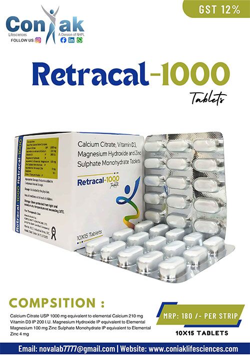 Calcium Citrate 1000mg+Magnesium hbr 100mg+Zinc Sulphate 4mg &Vitamin D3 200 I.U